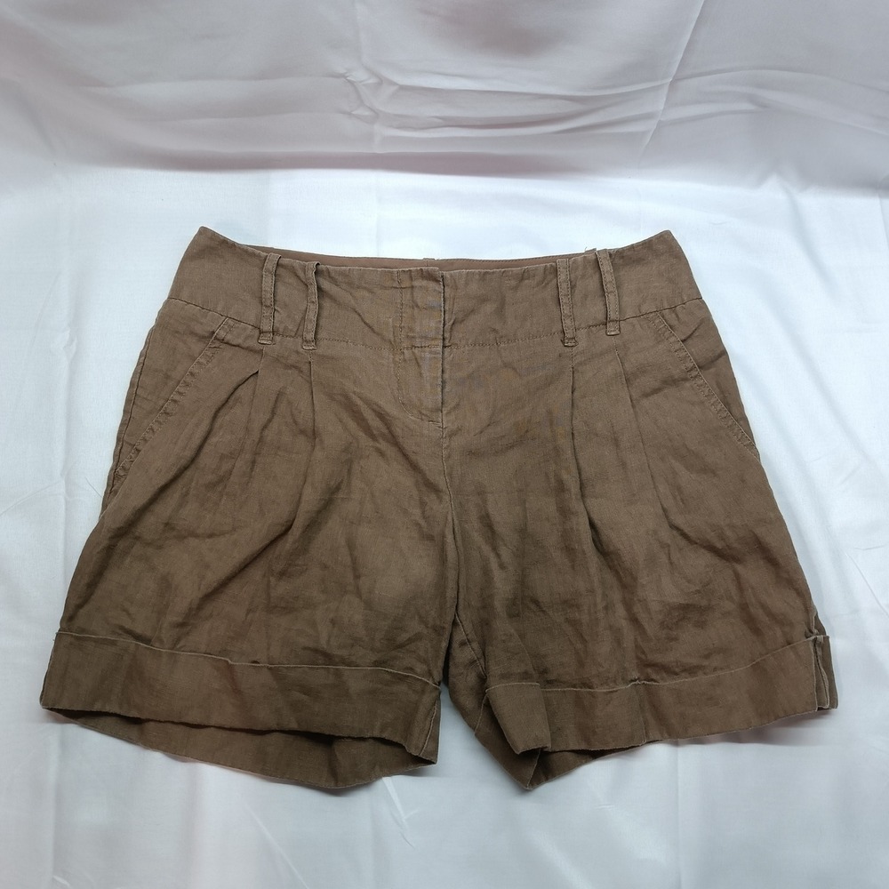 Mossimo Womens Brown 100% Linen Pleated Cuffed Shorts Size 2 Earthy Casual Beach